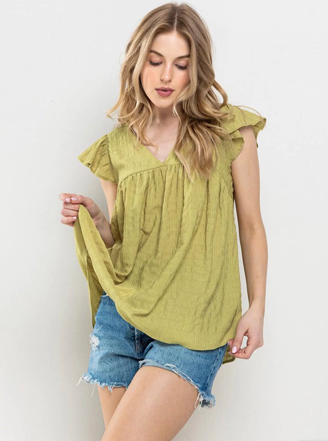 Nadia Ruffle Sleeve V Neck Top ~ Lime