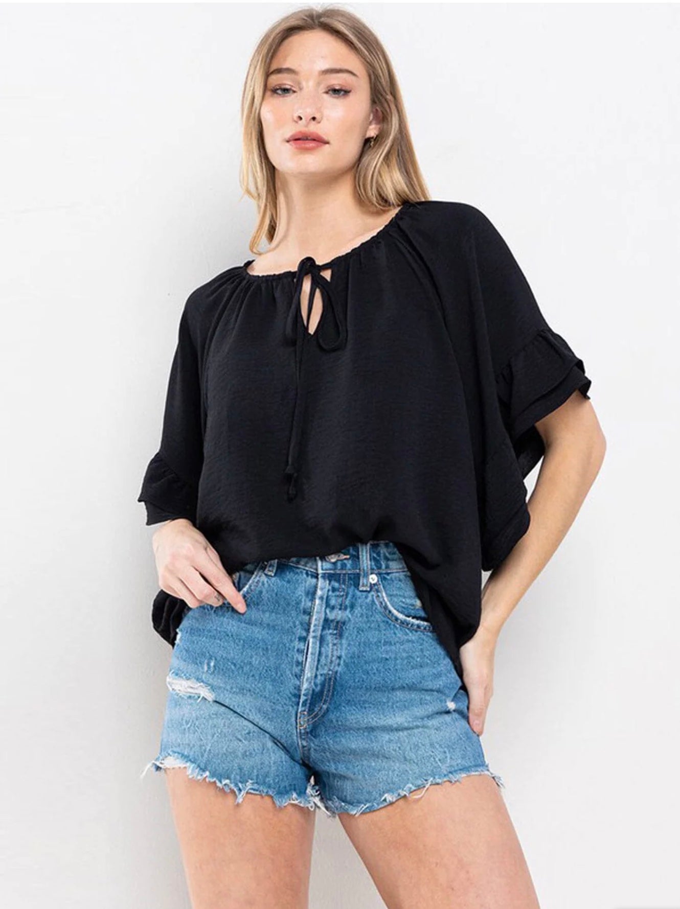 Ruffle Split Front Top in Black