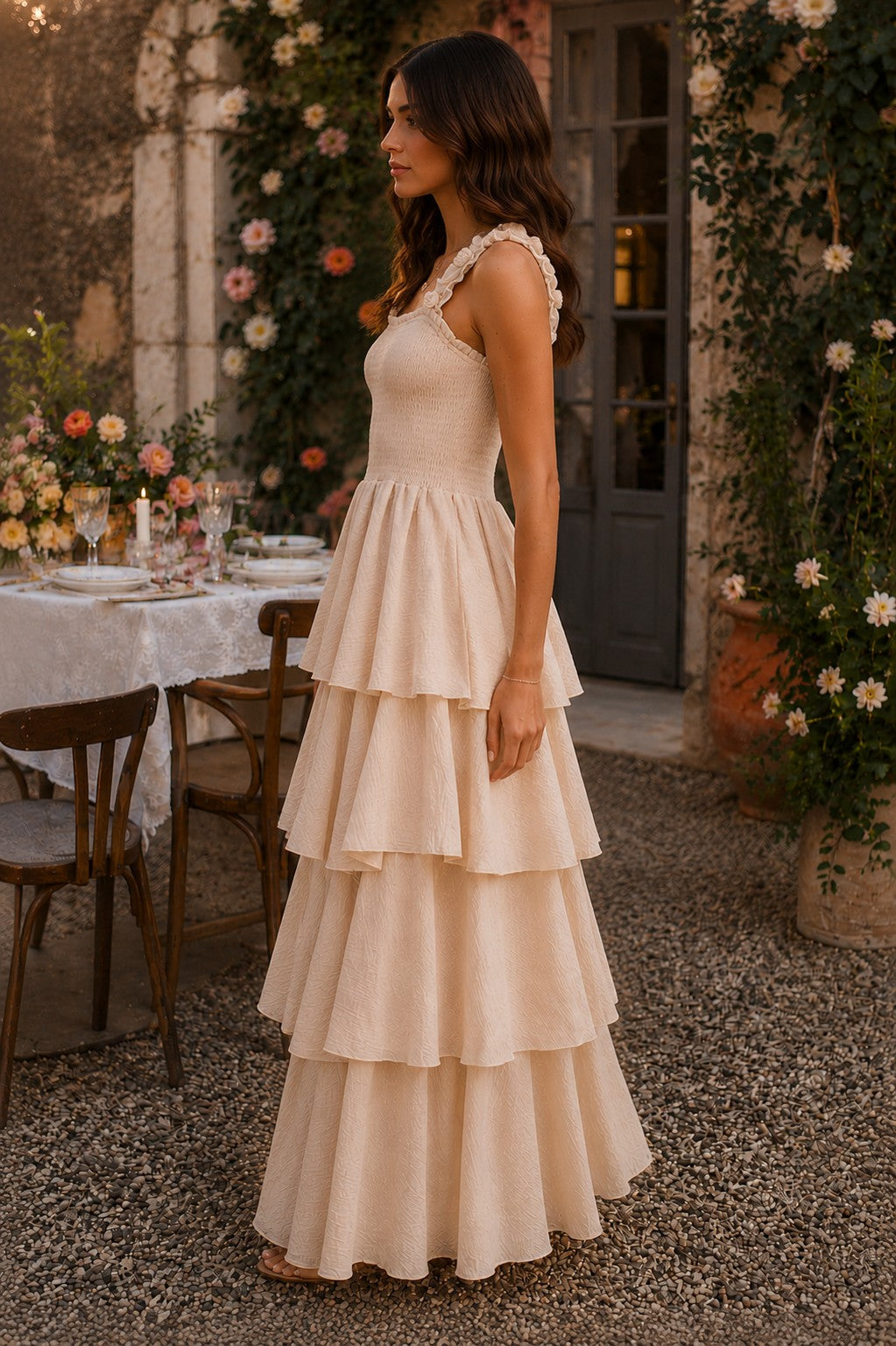Sadie Floral Strap Tiered Gauze Maxi Dress ~ Natural