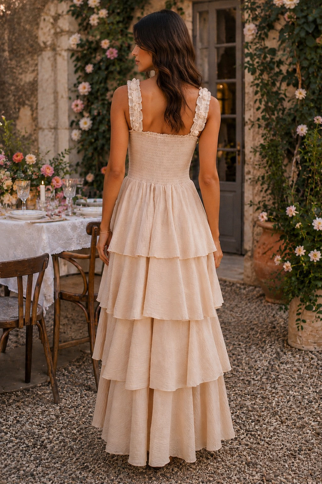 Sadie Floral Strap Tiered Gauze Maxi Dress ~ Natural
