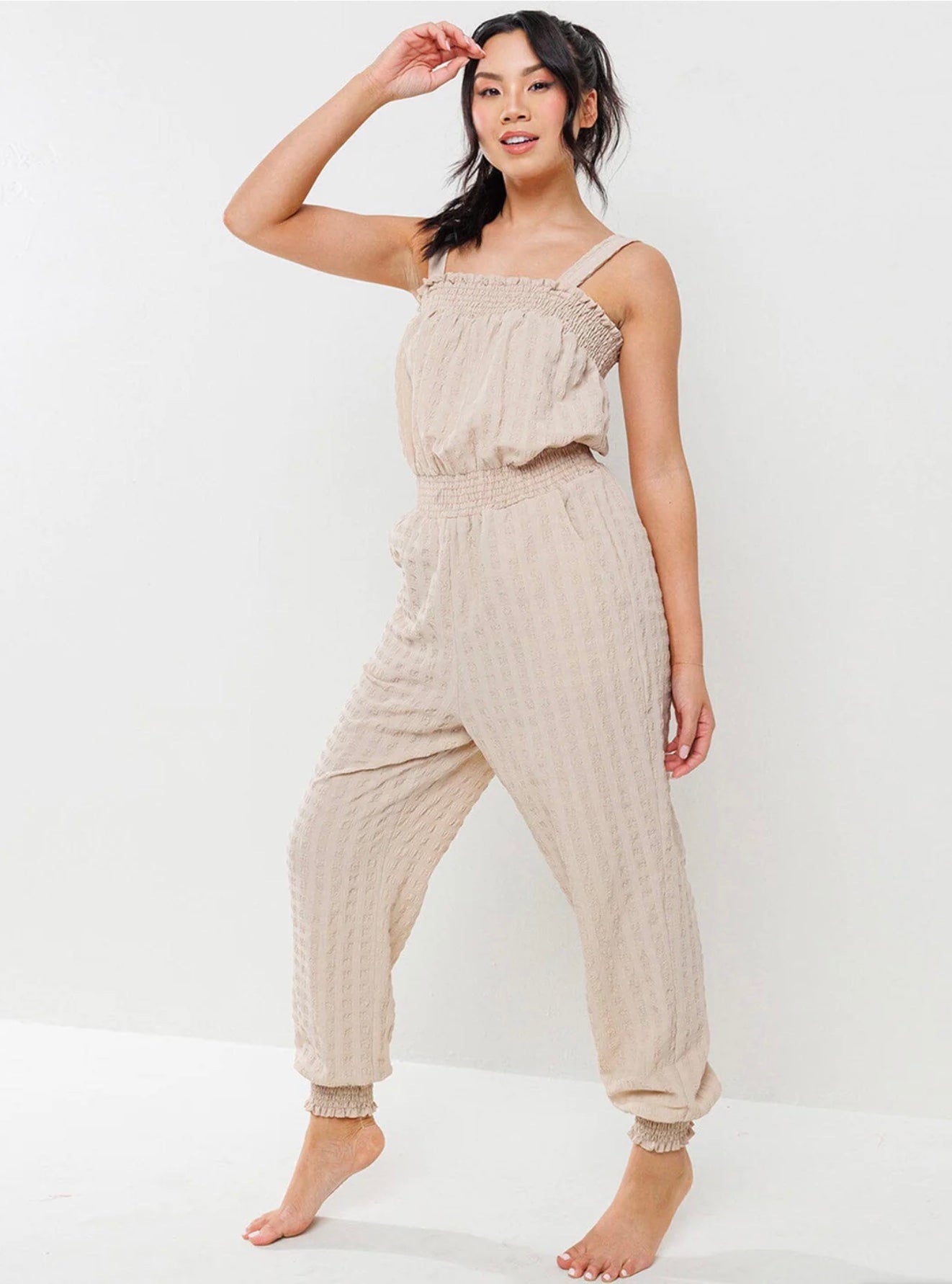 Emma Sleeveless Smock Waist Jumpsuit ~ Taupe