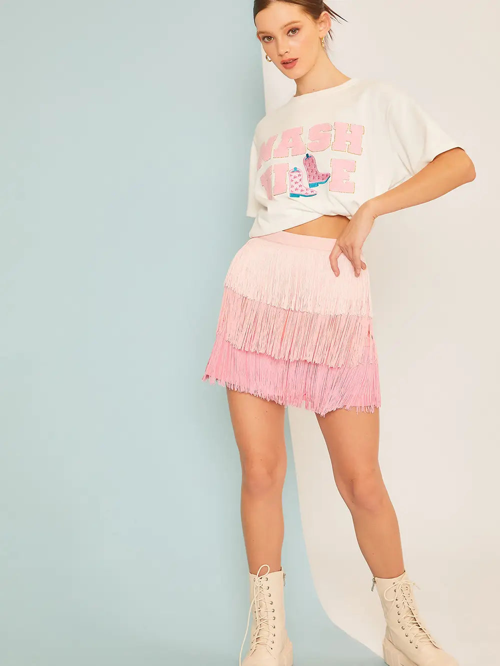 Fran Fringe Color Block Mini Skirt ~ Pink