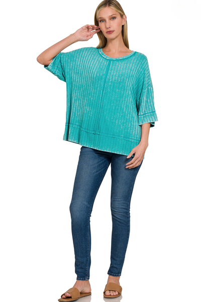 Ruby Ribbed 3/4 Sleeve Boat Neck Top ~ Teal