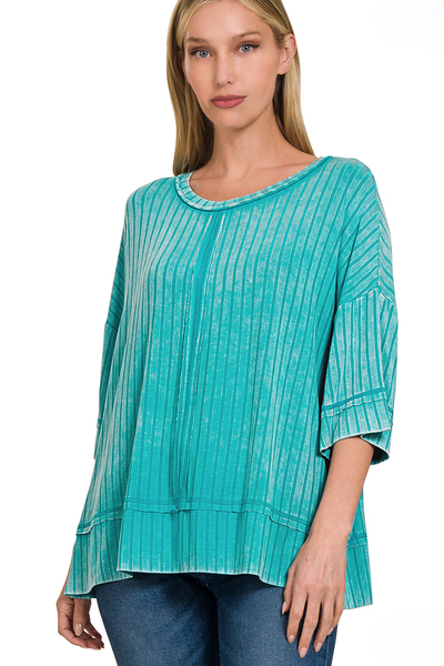 Ruby Ribbed 3/4 Sleeve Boat Neck Top ~ Teal