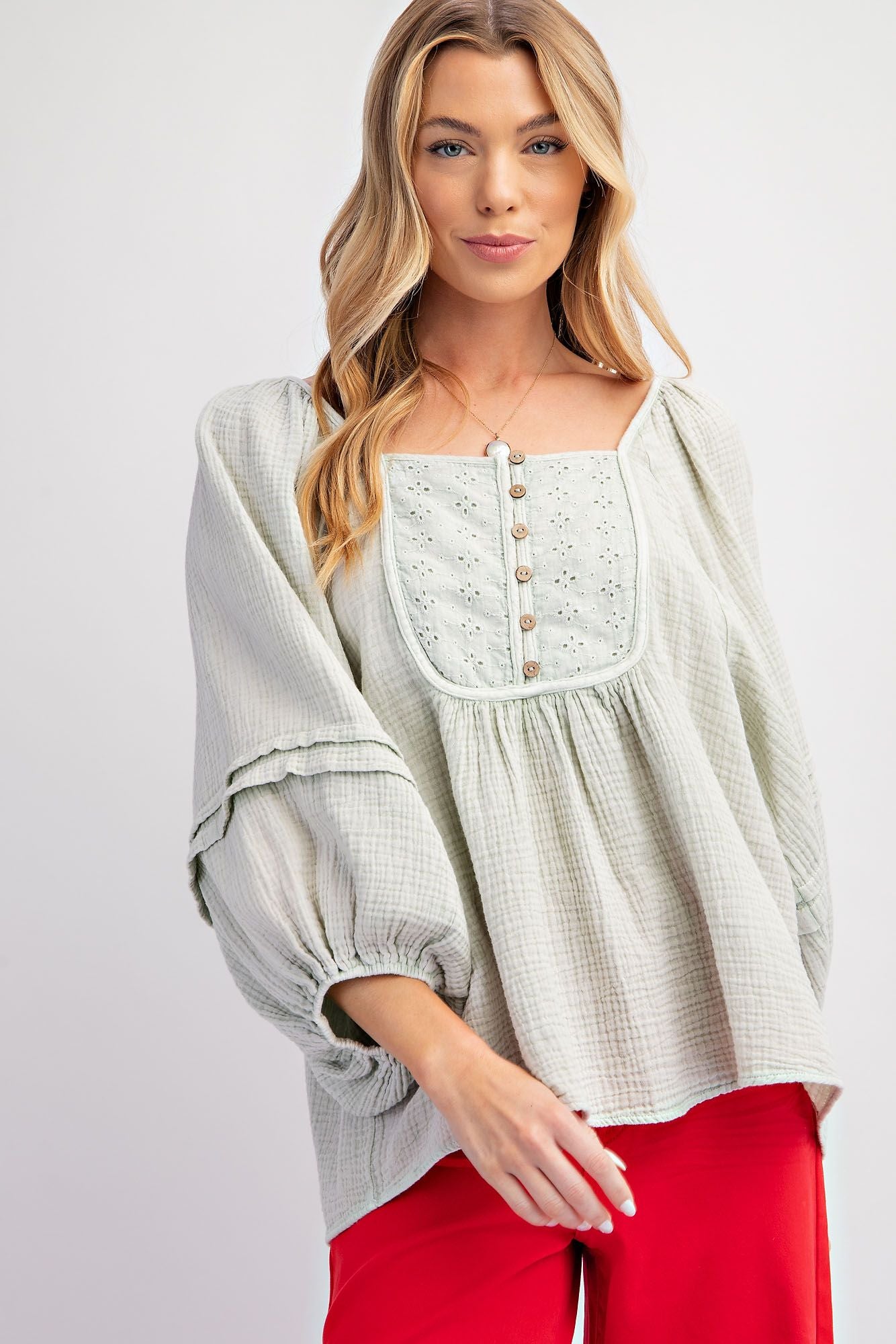 Quinn Mineral Wash Gauze Baby Doll Top ~ Ice Grey