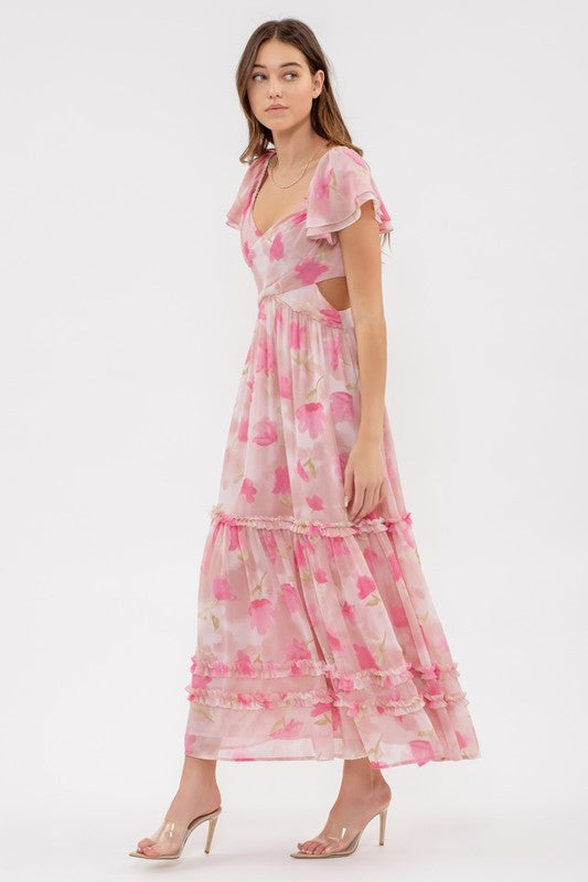 Madison Floral Side Cut Out Ruffle Midi Dress ~ Dusty Rose