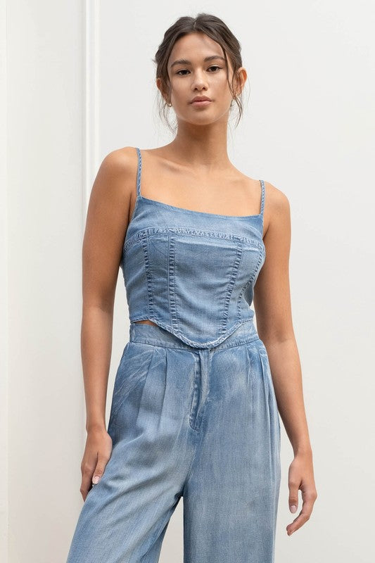 Lucia Washed Strappy Corset Crop Top ~ Chambray