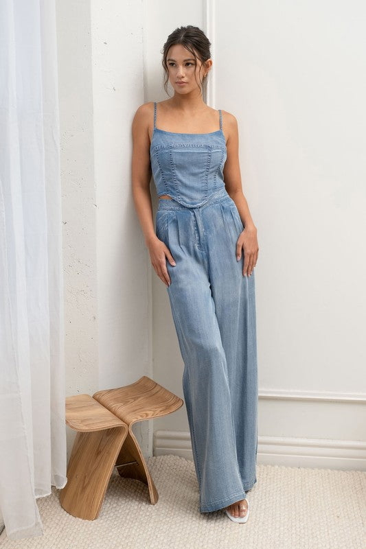 Lucia Washed Strappy Corset Crop Top ~ Chambray