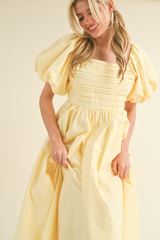 Estella Puff Sleeve Pleated Midi Dress ~ Lemon