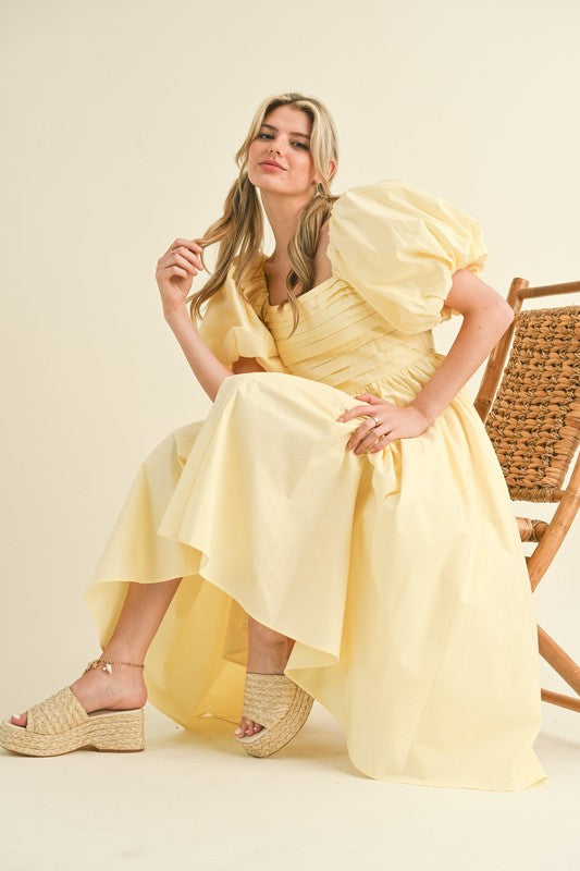 Estella Puff Sleeve Pleated Midi Dress ~ Lemon