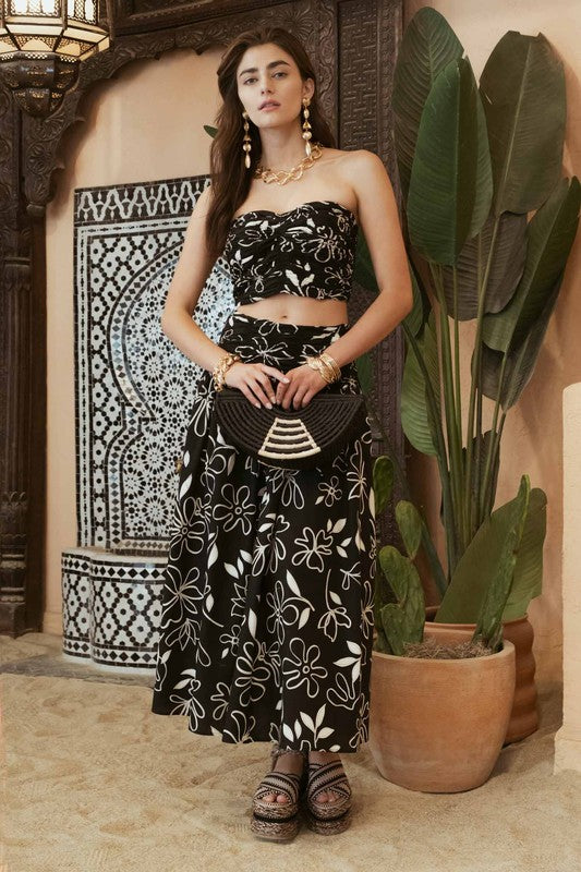 Lottie Floral Smocked Strapless Sweetheart Crop Top ~ Black