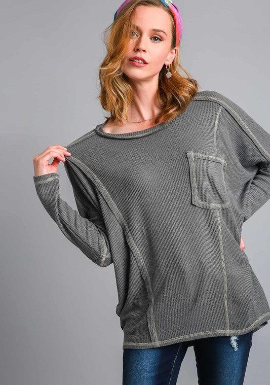 Michelle Waffle Contrast Knit Top ~ Charcoal