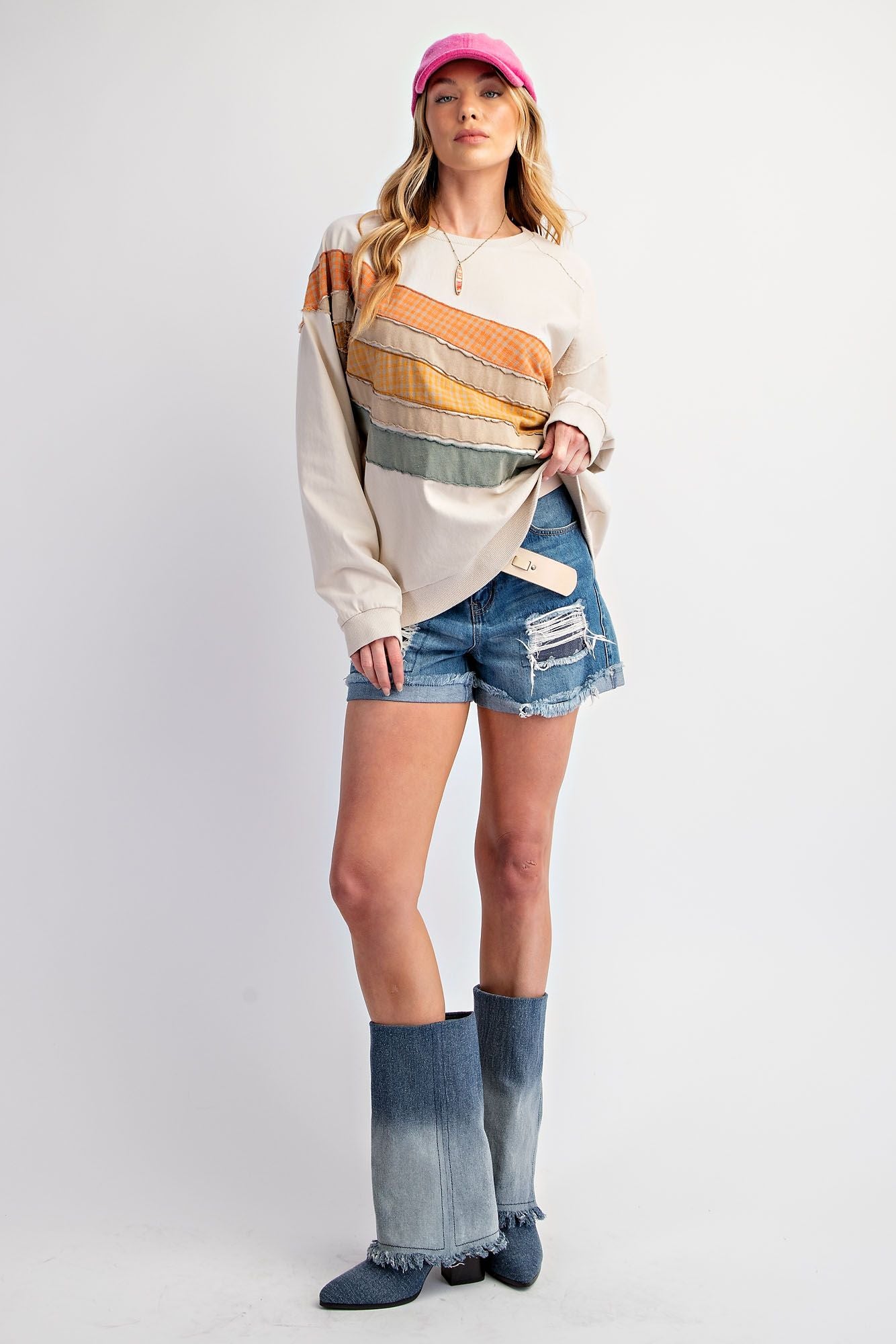 Missy Color Mix Front Mineral Wash Pullover ~ Light Khaki