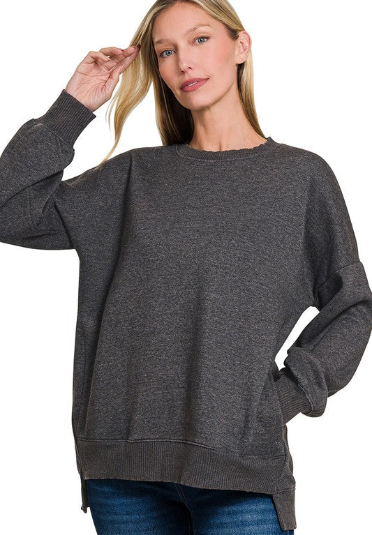 Maisie Acid Wash High Low Fleece Pullover ~ Black