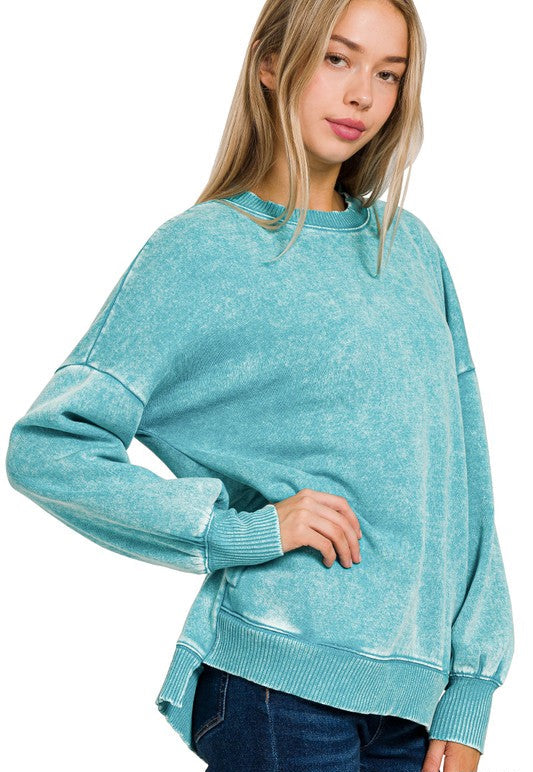 Maisie Acid Wash High Low Fleece Pullover ~ Light Teal