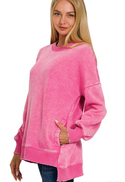 Maisie Acid Wash High Low Fleece Pullover ~ Hot Pink