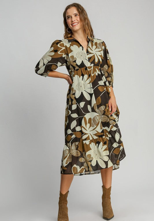 Freya Floral Abstract Print Tiered Dress ~ Camel