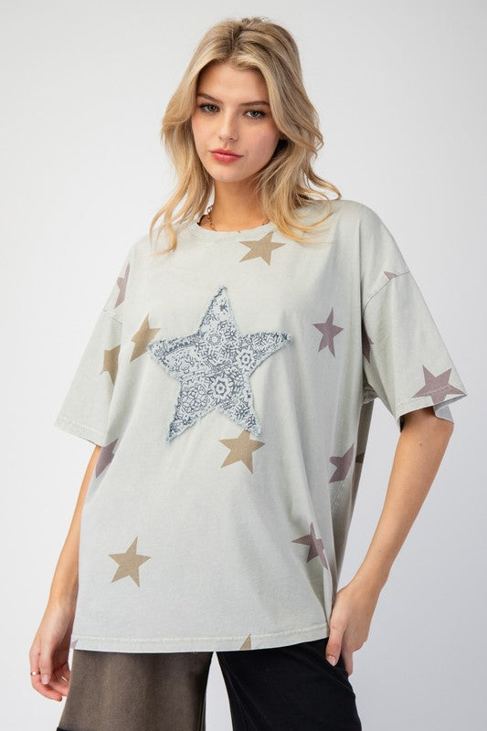 Wanda Washed Star Patch Top ~ Pale Sage