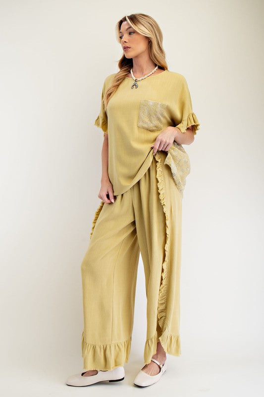 Hailey Linen Mineral Wash Lace Back Top ~ Green Tea