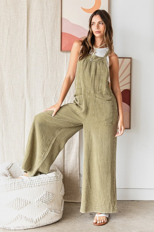 Massie Mineral Washed Wide Leg Jumpsuit ~ Olive