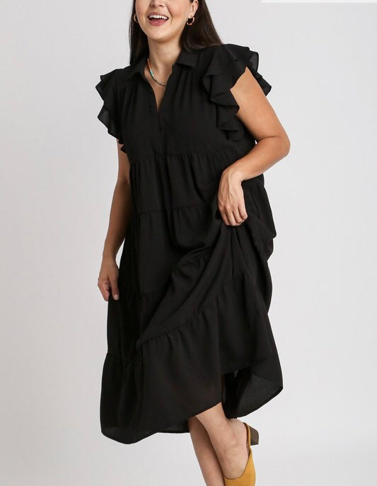 Linda Tiered Ruffle Sleeve Midi Dress ~ Black