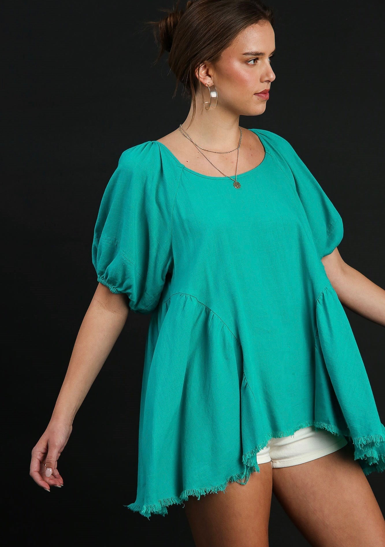 Lillian Linen Puff Sleeve Top ~ Jade