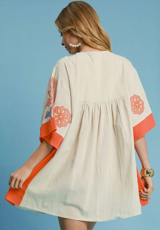 Brynlee Boho Embroidered Kaftan Dress ~ Coral