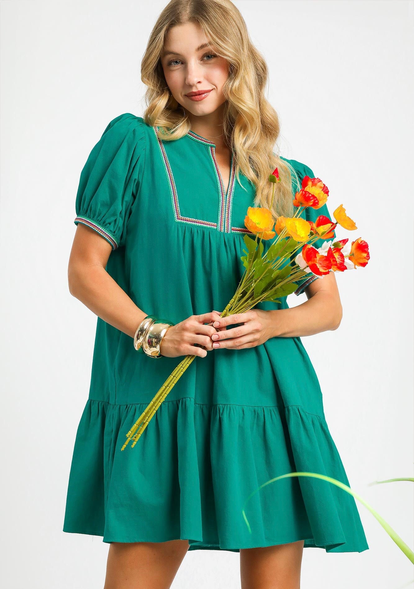 Charlotte Color Trim Baby Doll Mini Dress ~ Jade