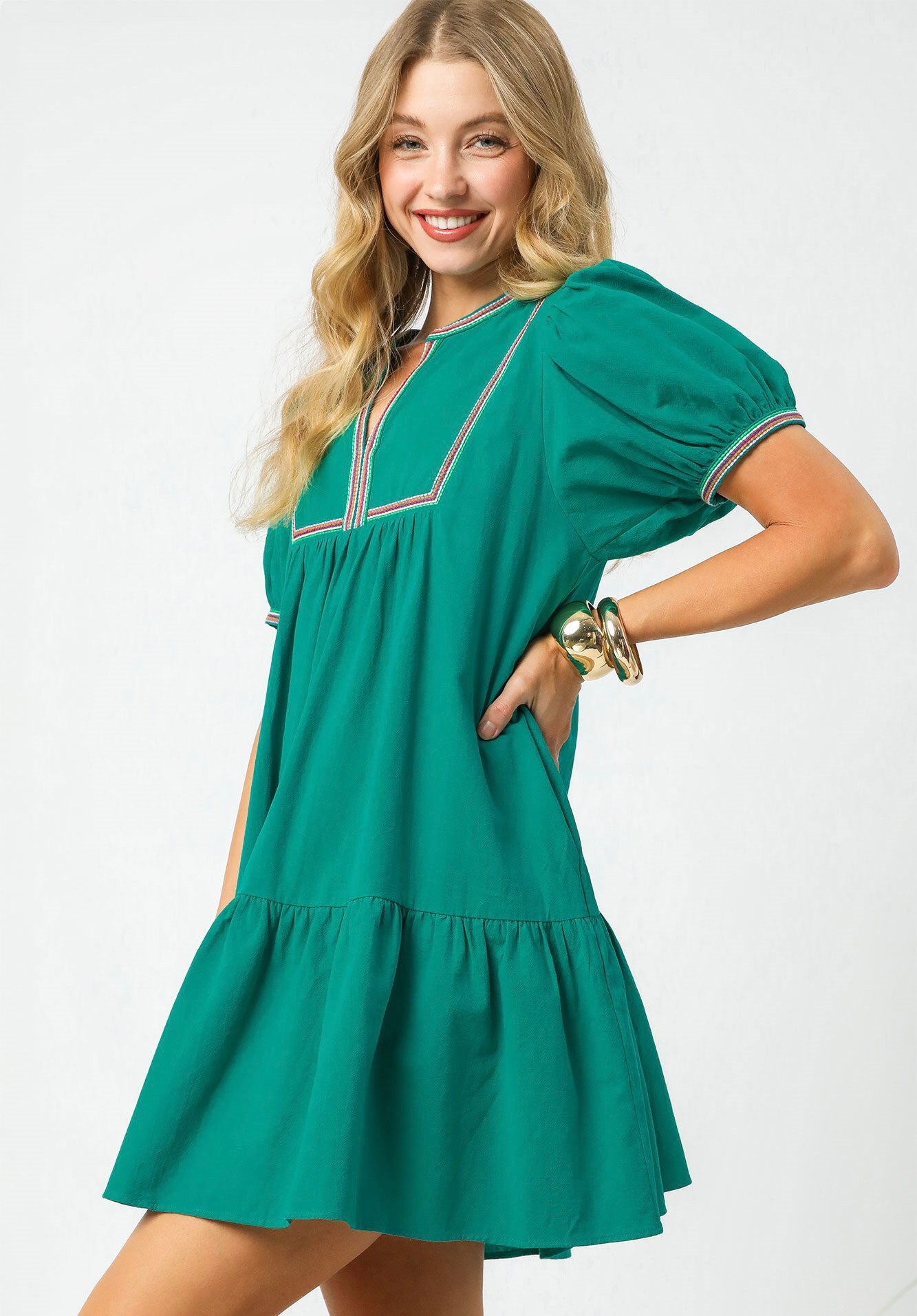 Charlotte Color Trim Baby Doll Mini Dress ~ Jade