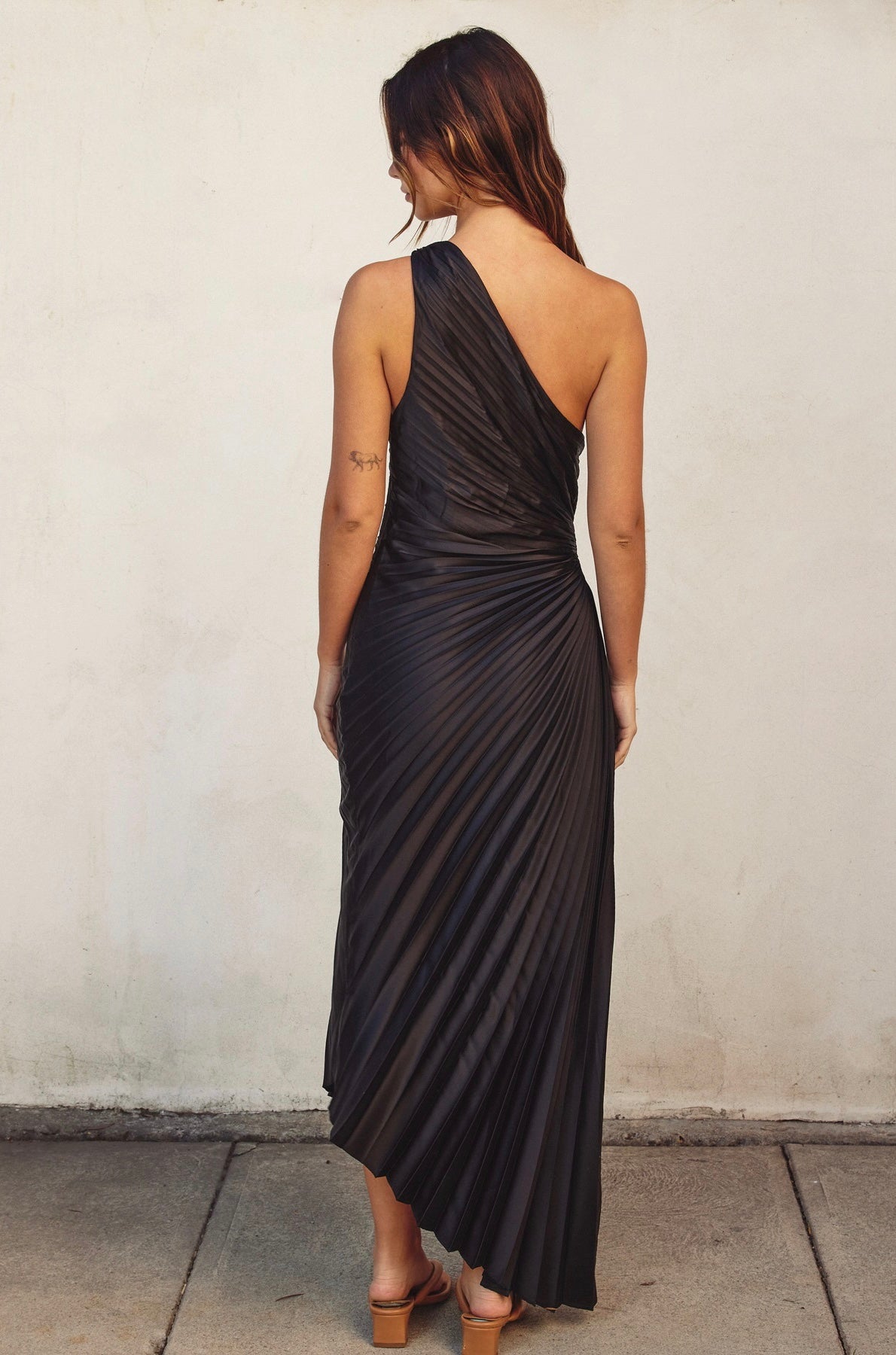Olympia Asymmetrical Pleated Maxi Dress ~ Black