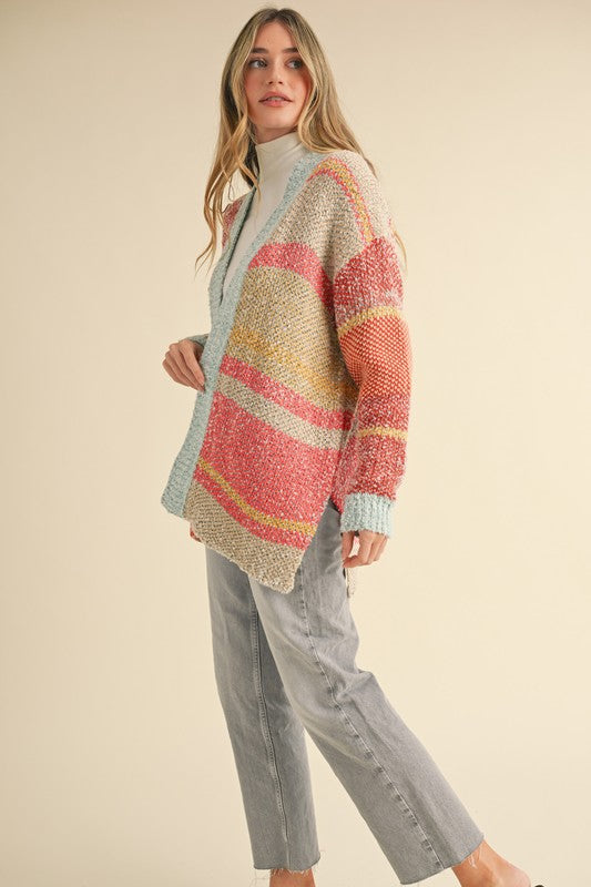 Avery Color Block Cardigan ~ Mint/Taupe/Orange