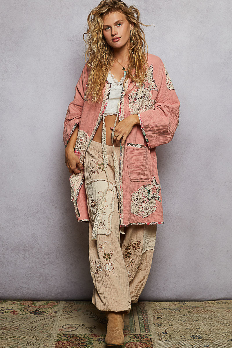 POL 3/4 Sleeve Crochet Star Patch Cardigan ~ Flamingo Pink
