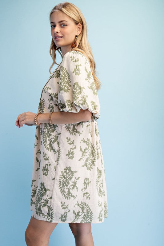 Patty Printed Babydoll Mini Dress ~ Sage
