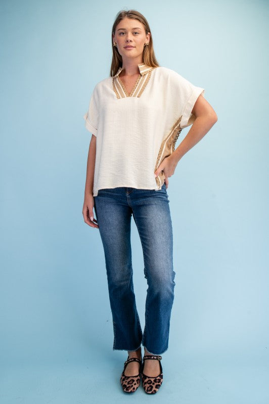Saylor V Neck Lace Trim Striped Detail Top ~ Natural