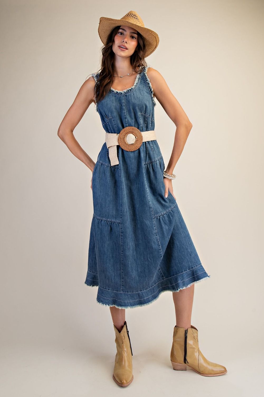 Whitley Washed Denim Tiered Midi Dress ~ Denim – Spoiled Rotten Boutique