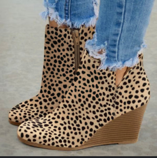 Cindy Leopard Wedge Booties ~ Taupe
