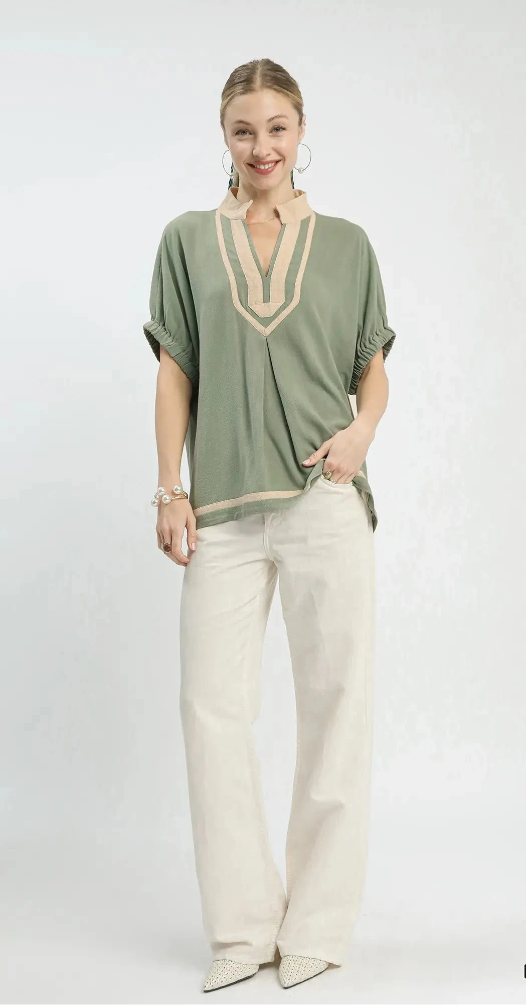 Chloe V Neck Linen Top ~ Sage