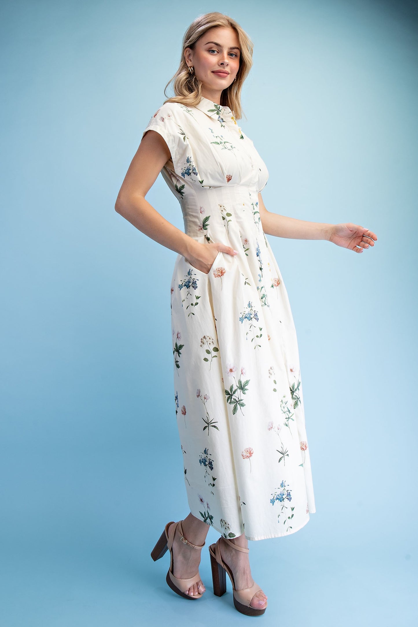 Felicity Floral Midi Shirt Dress ~ Vanilla