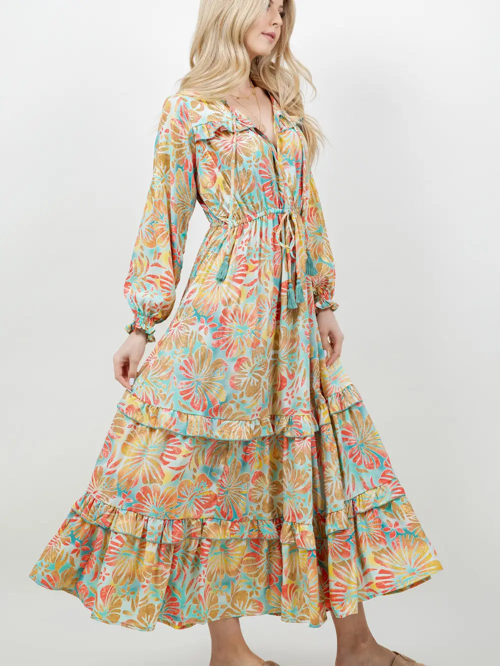Island Breeze Print Ruffle Maxi Dress ~ Gold Metallic