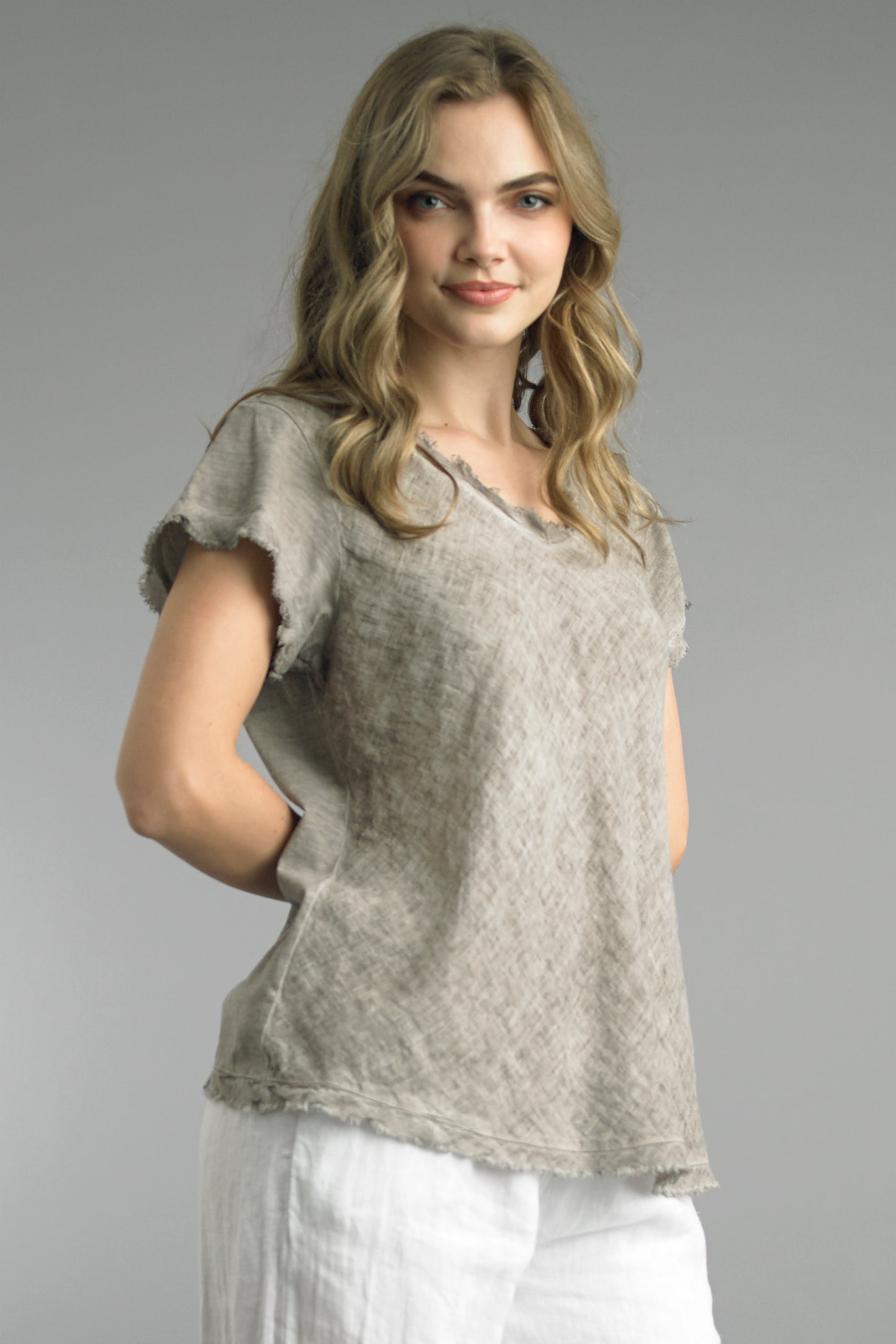 Sage Linen V Neck Frayed Edge Top ~ Taupe