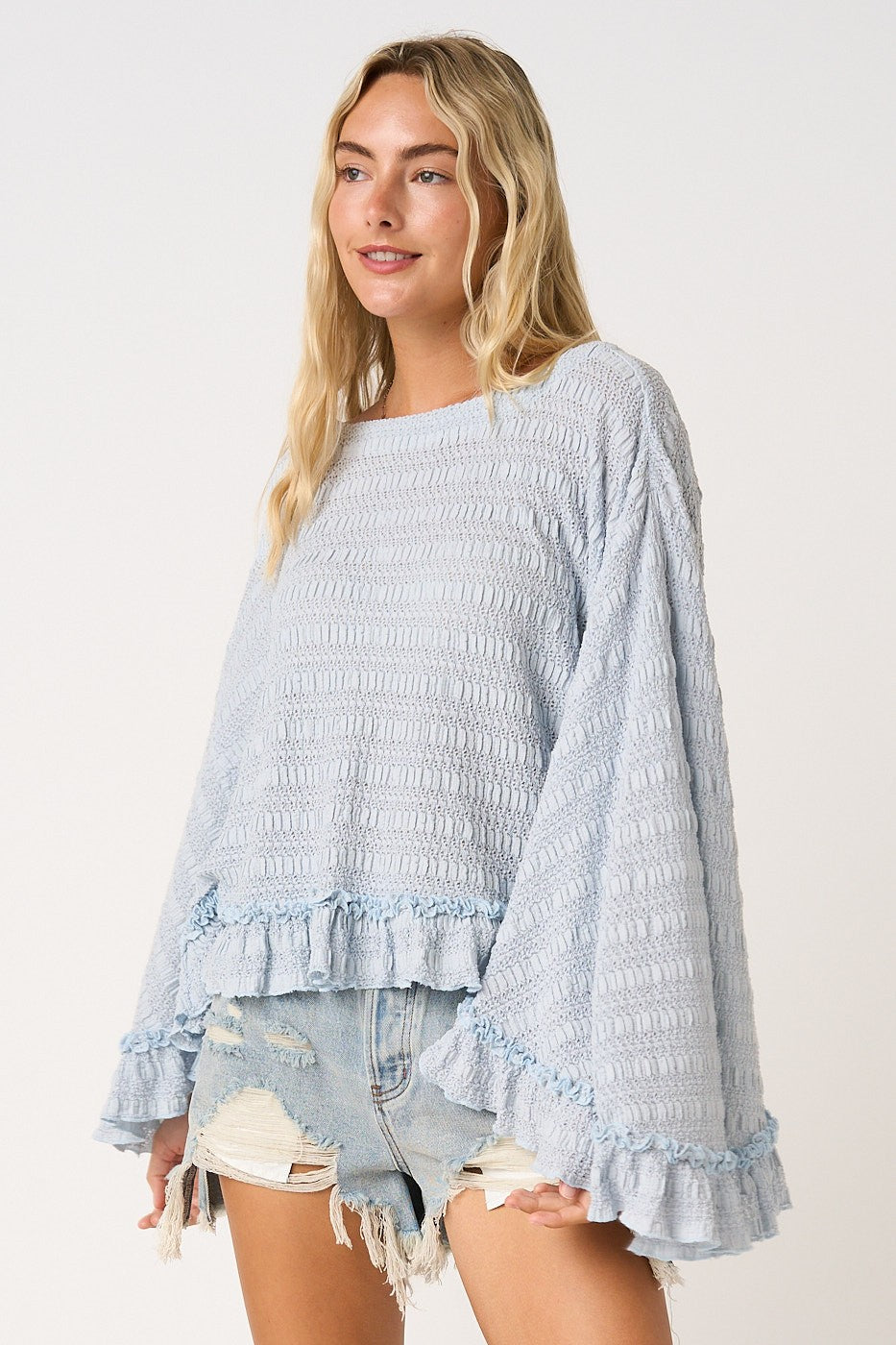 Angel Flowy Batwing Sleeve Ruffle Hem Top ~ Sky Blue