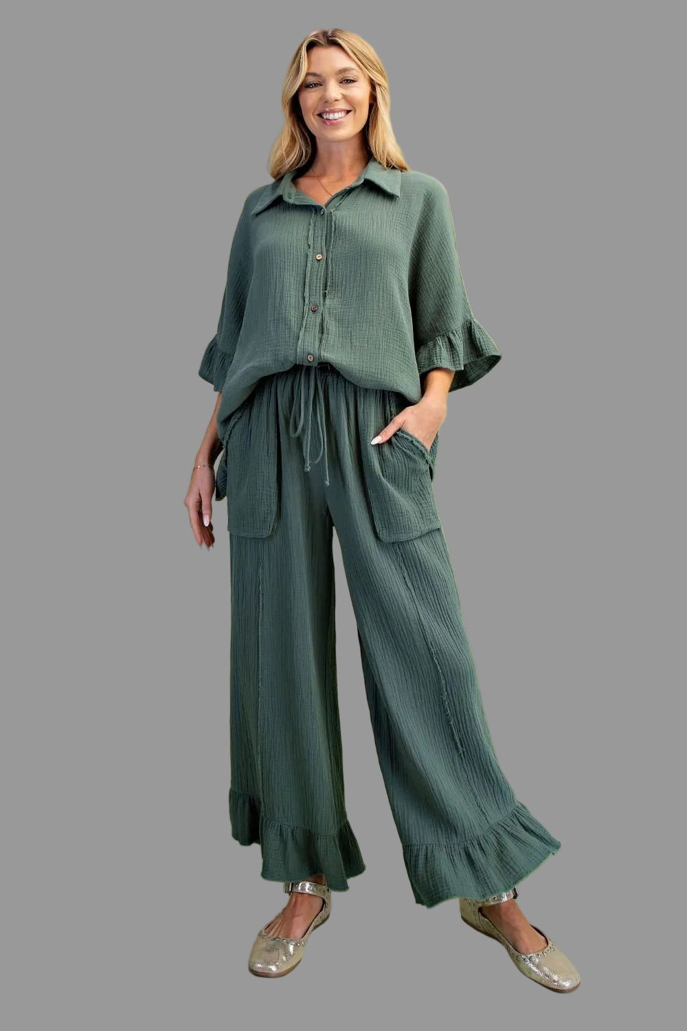 Carley Cotton Gauze Pants ~ Teal Green