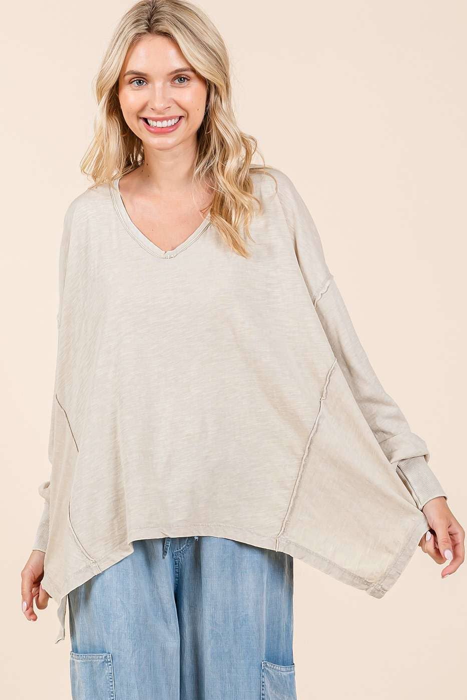 Cleo Mineral Wash V Neck Oversized Top ~ Stone