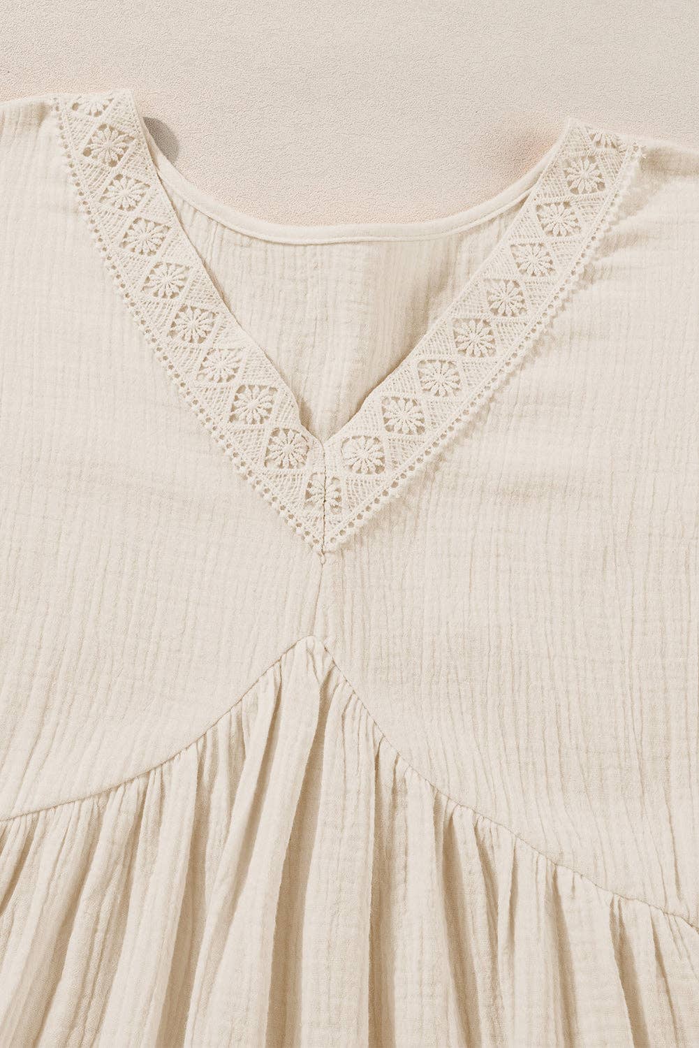 Bree Folded Short Sleeve Lace V Neck Mini Dress ~ Beige