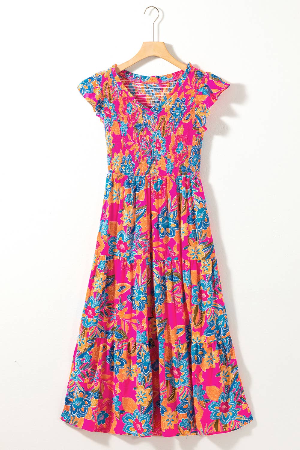 Blakely Boho Floral Ruffle Tiered Maxi Dress ~ Hot Pink