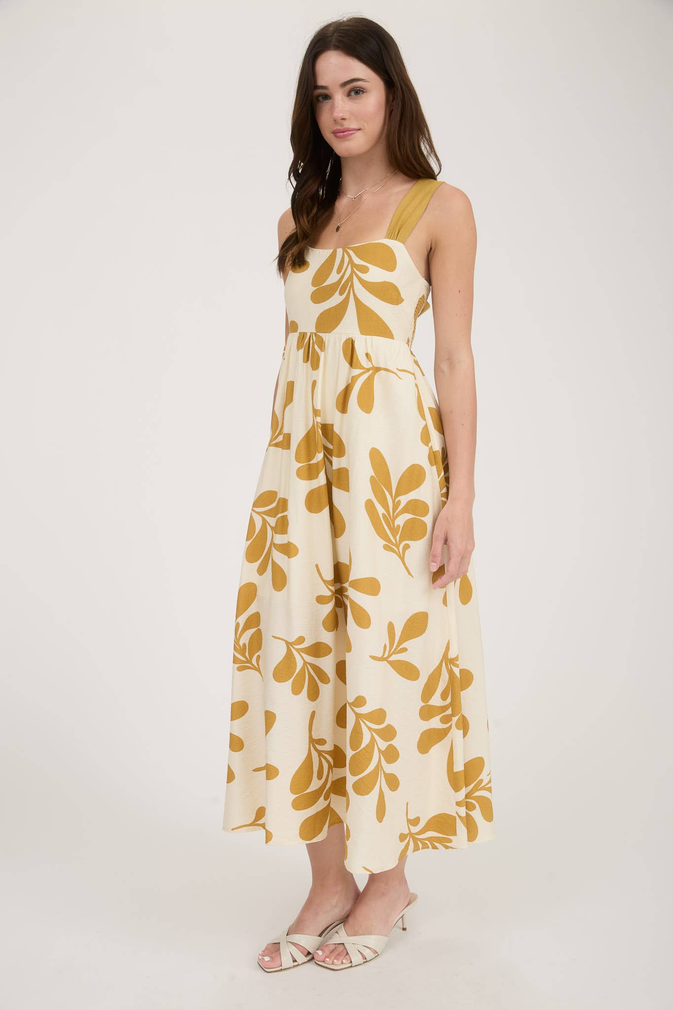 Layla Leaf Print Empire Waist Midi Dress ~ Mustard Spoiled Rotten Boutique Layla Leaf Print Empire Waist Midi Dress ~ Mustard Spoiled Rotten Boutique