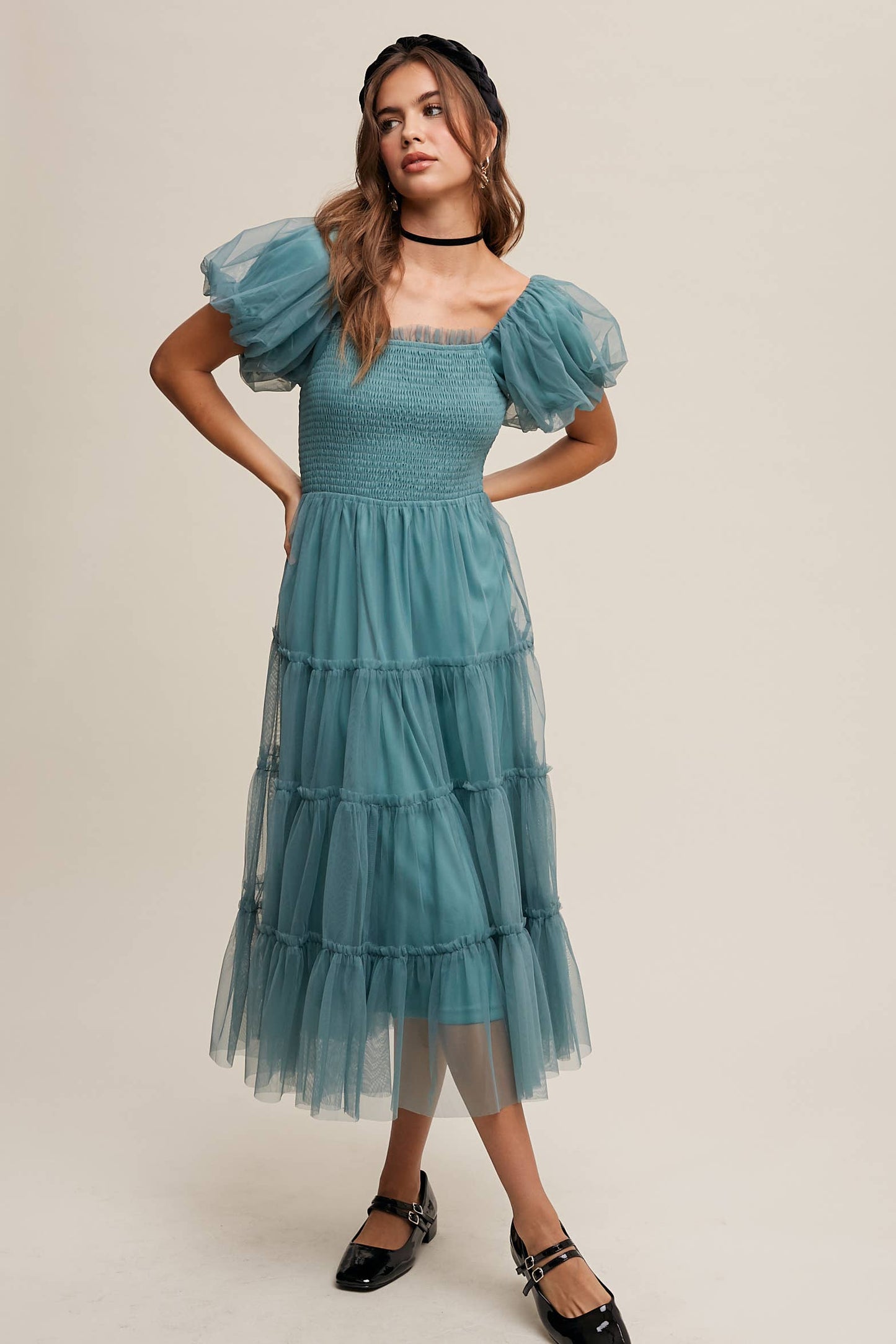 Teagon Tulle Smocked Puff Sleeve Midi Dress ~ Sagebrush