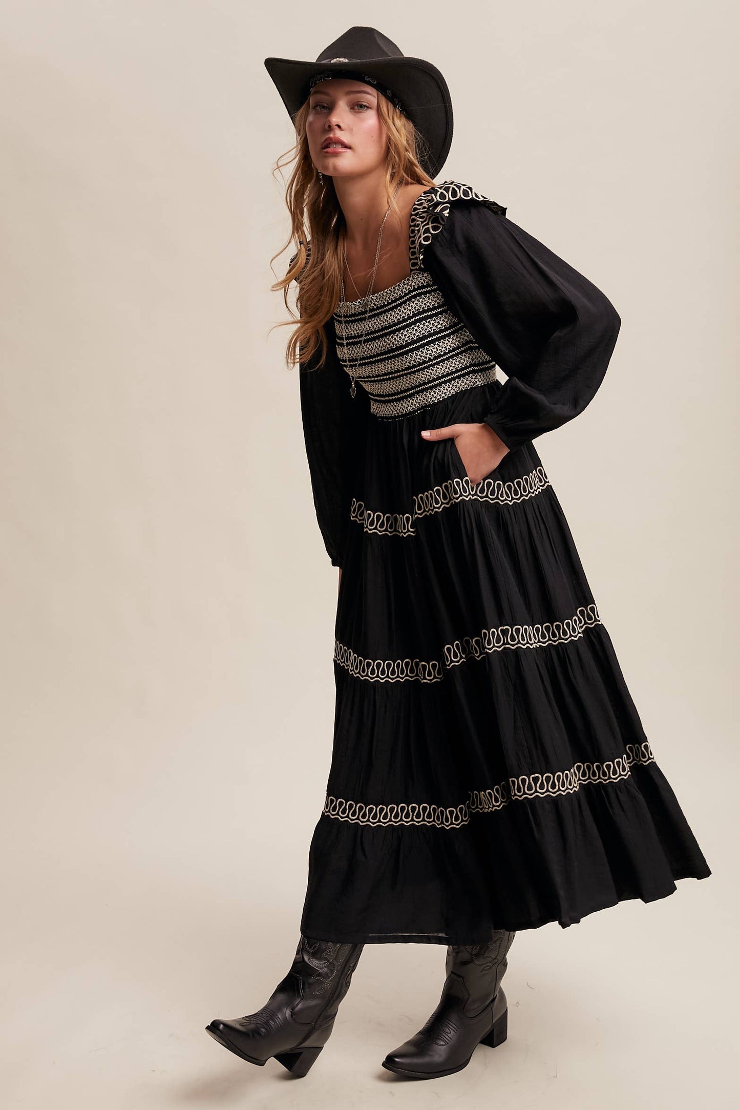 Sammie Smocked Western Maxi Dress ~ Black