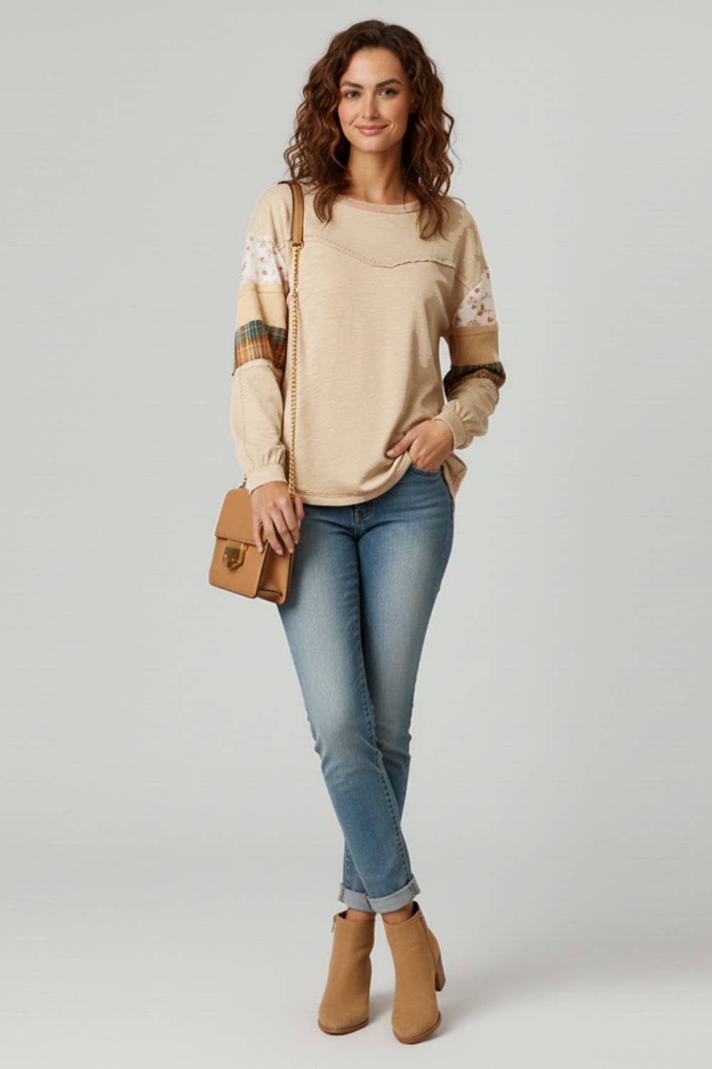 Tinsley Floral Check Color Block Top ~ Oatmeal