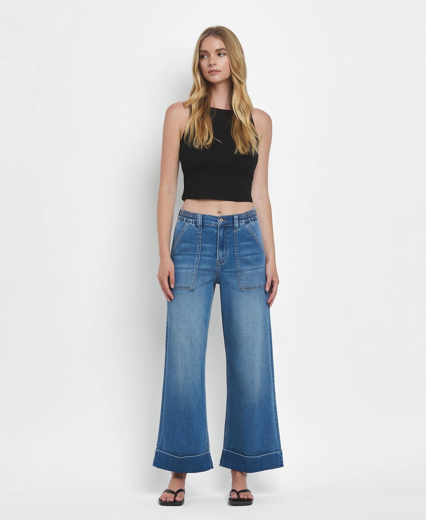 Eva High Rise Double Cuffed Baggy Wide Jeans ~ Dark Denim